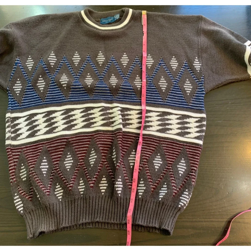 Vintage Towncraft Aztec Pattern Knit Sweater Mens XL USA RetroGray Blue Burgundy